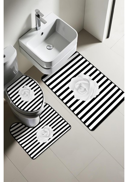 Modern Desenli 3'lü Banyo Paspas Takımı – Yıkanabilir Kaymaz Tabanlı Klozet Takımı KLZ0018
