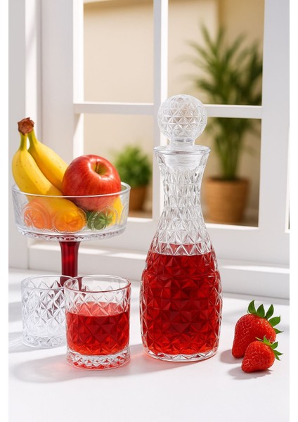 Kristal Desenli Cam Şişe – Kapaklı Şerbetlik & Likör Karafı (1 Litre)