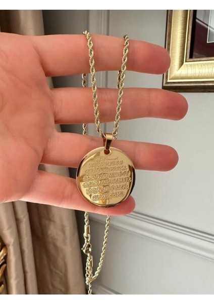Çelik Altın Kaplama Ayetel Kürsi Dualı Kolye Burgu Zincirli (50 Cm)