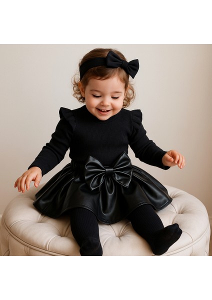 deri Etek Siyah Badi ve Diz Altı Siyah Fiyonklu Çorap Takım 3 Lü Set fiyatları