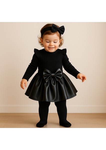 deri Etek Siyah Badi ve Diz Altı Siyah Fiyonklu Çorap Takım 3 Lü Set modelleri