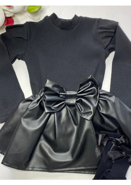 deri Etek Siyah Badi ve Diz Altı Siyah Fiyonklu Çorap Takım 3 Lü Set indirimleri