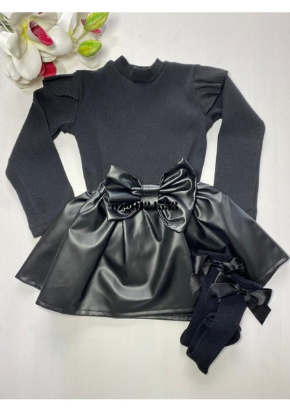 deri Etek Siyah Badi ve Diz Altı Siyah Fiyonklu Çorap Takım 3 Lü Set