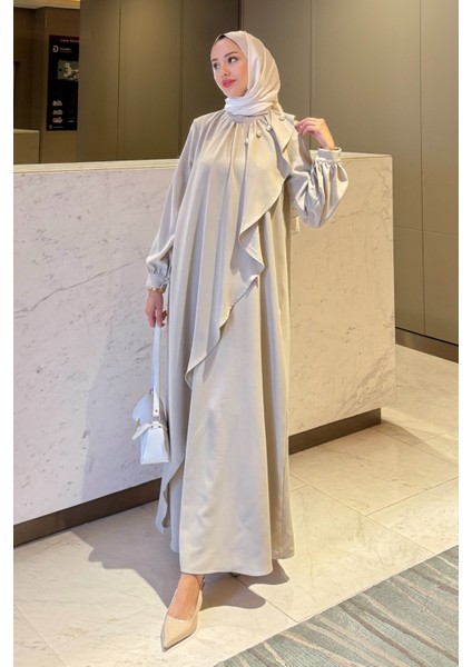 Krep Kumaş Yakası Inci Detaylı Levanur Elbise- Bej