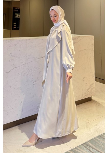 Krep Kumaş Yakası Inci Detaylı Levanur Elbise- Bej fiyatları