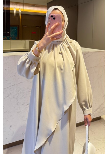 Krep Kumaş Yakası Inci Detaylı Levanur Elbise- Bej modelleri