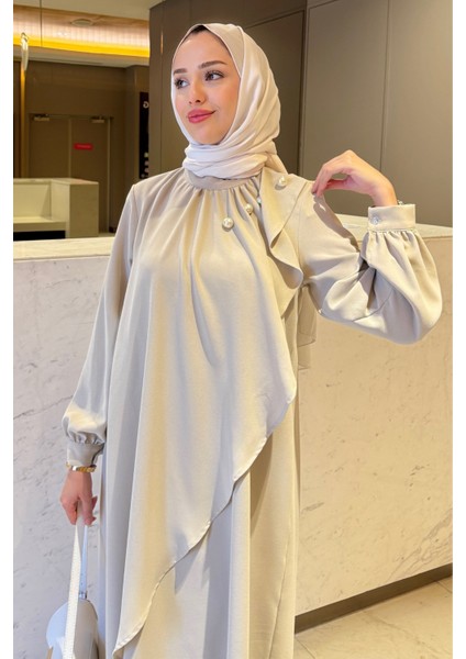 Krep Kumaş Yakası Inci Detaylı Levanur Elbise- Bej fırsatları