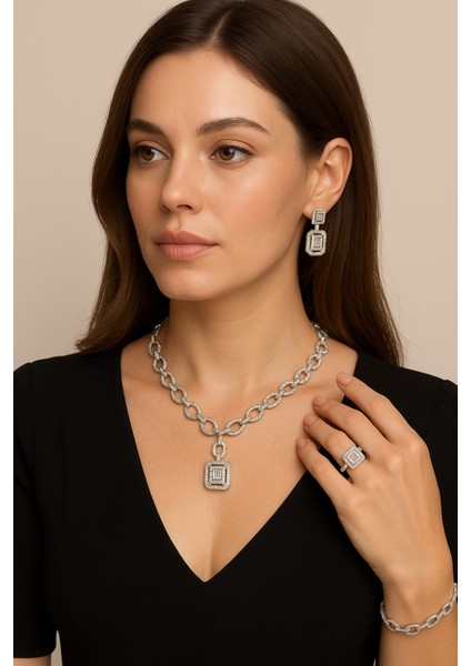 925 Ayar Gümüş Su Yolu Baget Model Ithal Zirkon Taşlı Kolye, Bileklik, Küpe, Yüzük Düğün Takı Seti