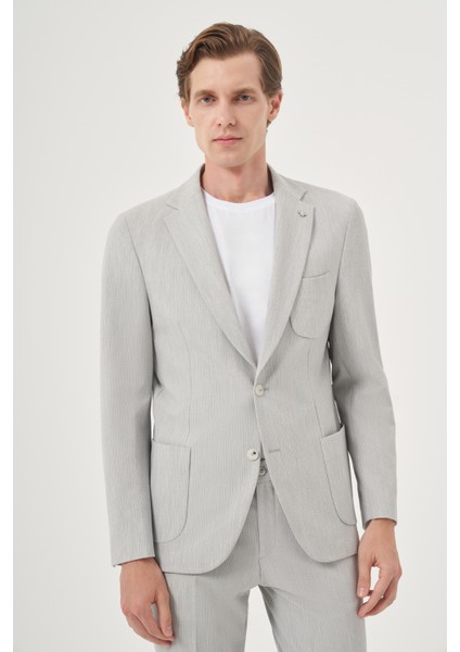 Erkek Gri Poliviskon Trend Çizgili Slim Fit Mono Yaka Takım Elbise