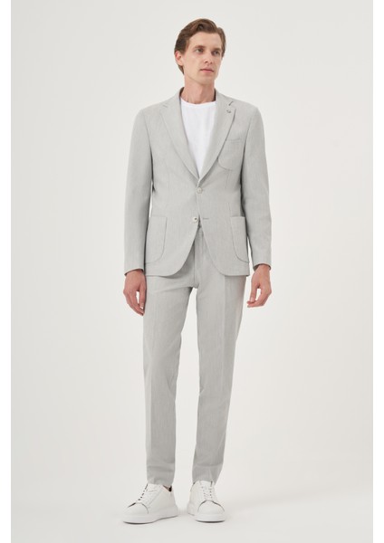 Erkek Gri Poliviskon Trend Çizgili Slim Fit Mono Yaka Takım Elbise modelleri