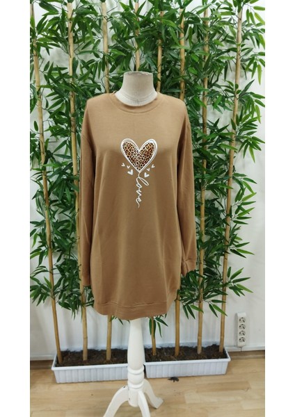 Kadın Uzun Kollu Bisiklet Yaka Kalp Desenli Kısa Viskon Elbise fırsatları