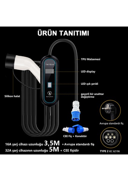 7KW Taşınabilir Elektrikli Araç Şarj Cihazı 32A Type 2 modelleri
