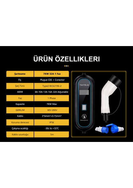 7KW Taşınabilir Elektrikli Araç Şarj Cihazı 32A Type 2