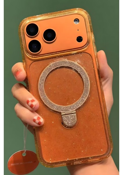 iPhone 17 Pro Max Uyumlu Simli Turuncu Saydam Arkası Sert Stant Darbe Korumalı Magsafe Kılıf fiyatları