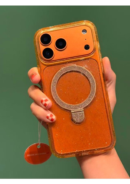 iPhone 17 Pro Max Uyumlu Simli Turuncu Saydam Arkası Sert Stant Darbe Korumalı Magsafe Kılıf modelleri