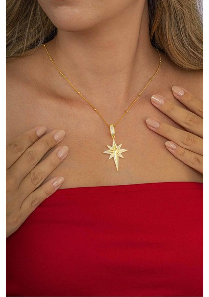 Taş Detaylı Altın Kaplama Top Zincirli 925 Ayar Gümüş Kutup Yıldızı Kolye