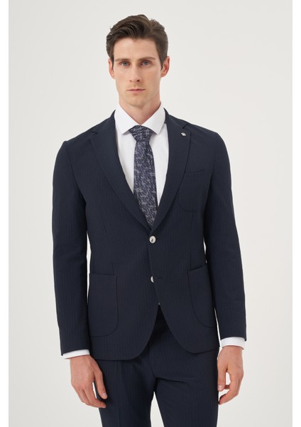 Erkek Lacivert Poliviskon Trend Çizgili Slim Fit Mono Yaka Takım Elbise