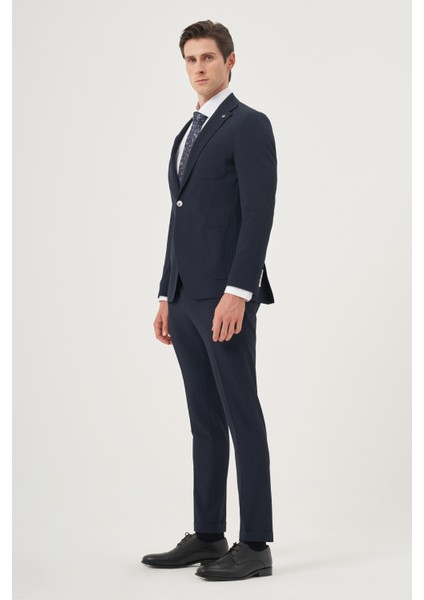 Erkek Lacivert Poliviskon Trend Çizgili Slim Fit Mono Yaka Takım Elbise fiyatları