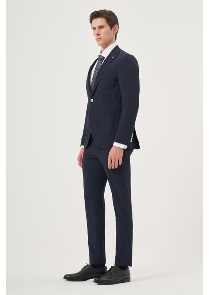 Erkek Lacivert Poliviskon Trend Çizgili Slim Fit Mono Yaka Takım Elbise indirimleri