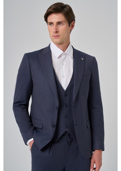 Erkek Lacivert Poliviskon Yelekli Trend Desenli Slim Fit Sivri Yaka Takım Elbise fırsatları