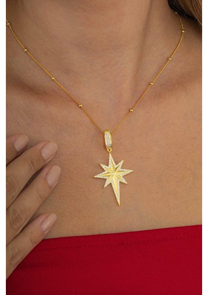 Taş Detaylı Altın Kaplama Top Zincirli 925 Ayar Gümüş Kutup Yıldızı Kolye modelleri