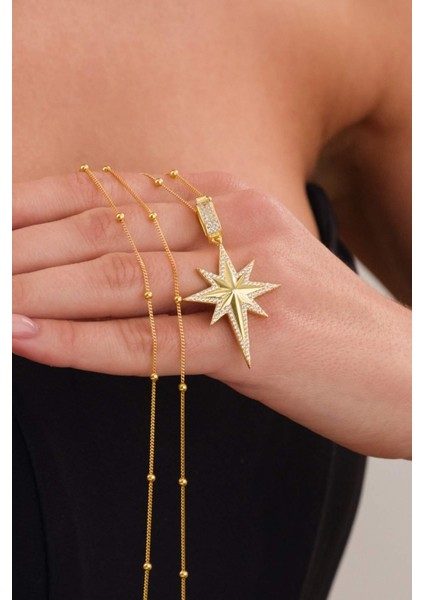 Taş Detaylı Altın Kaplama Top Zincirli 925 Ayar Gümüş Kutup Yıldızı Kolye fırsatları