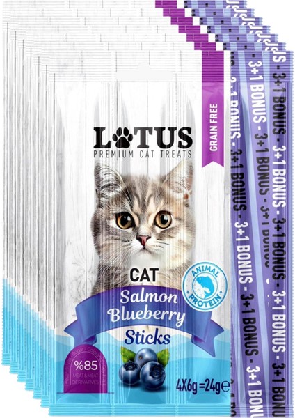 Somonlu Yaban Mersini 7 Adet 4lü Leziz Kedi Sticks Salmon Ödül Çubukları %85 Et ve Türevleri