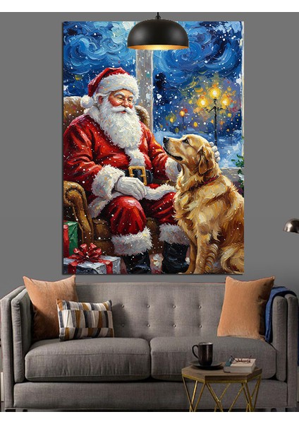 Yılbaşı Kıyafetli Sakallı Noel Baba ve Köpek Dekoratif Kanvas - Mdf Ahşap Tablo