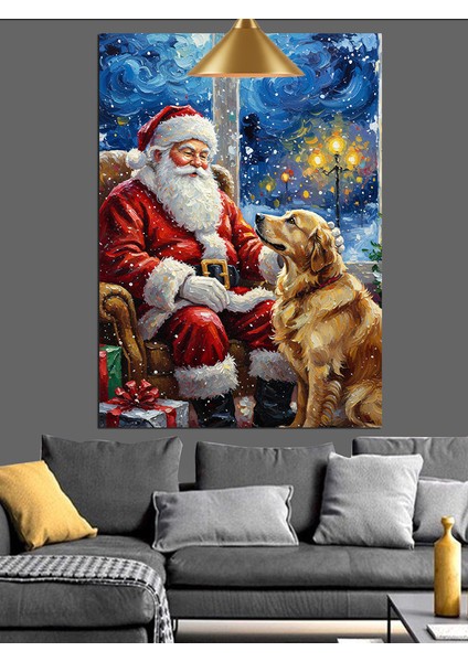 Yılbaşı Kıyafetli Sakallı Noel Baba ve Köpek Dekoratif Kanvas - Mdf Ahşap Tablo fırsatları