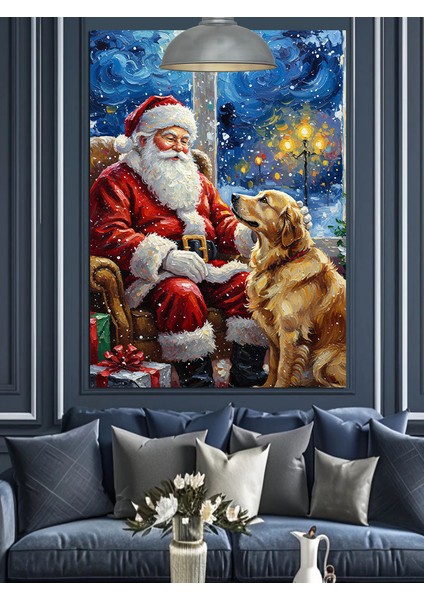 Yılbaşı Kıyafetli Sakallı Noel Baba ve Köpek Dekoratif Kanvas - Mdf Ahşap Tablo indirimleri
