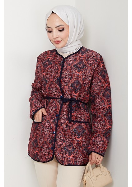 Desenli Düğmeli Kapitone Ceket 1620 - Bordo
