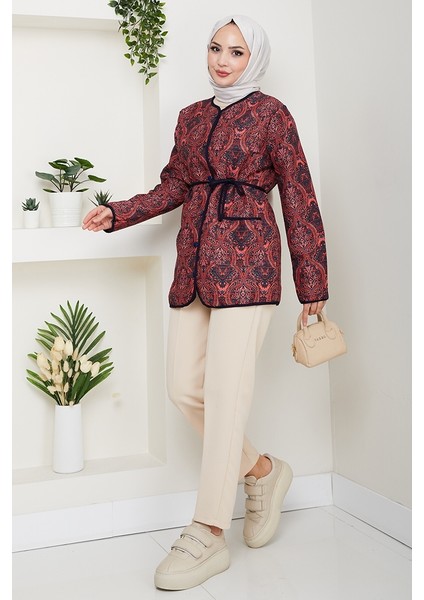 Desenli Düğmeli Kapitone Ceket 1620 - Bordo fiyatları