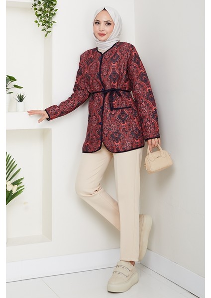 Desenli Düğmeli Kapitone Ceket 1620 - Bordo fırsatları