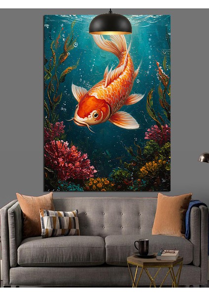Su Altında Yüzen Turuncu Koi Balığı Dekoratif Kanvas - Mdf Ahşap Tablo