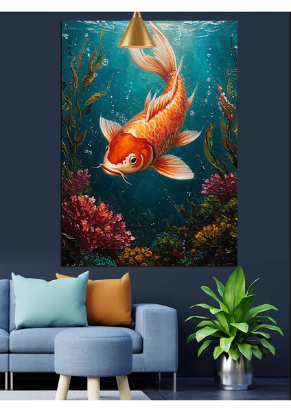 Su Altında Yüzen Turuncu Koi Balığı Dekoratif Kanvas - Mdf Ahşap Tablo fiyatları