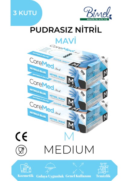 Coremed Nitril Mavi Pudrasız Muayene Eldiveni M - 3 Paket 100 Lü
