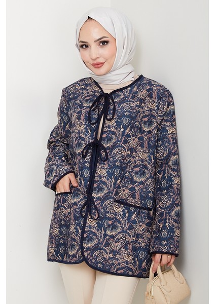 Etnik Desen Bağlamalı Kapitone Ceket 1618 - Lacivert