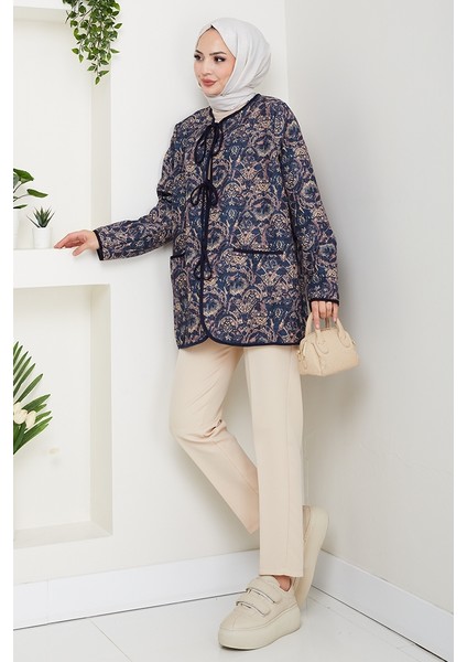 Etnik Desen Bağlamalı Kapitone Ceket 1618 - Lacivert fiyatları