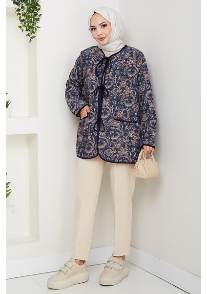 Etnik Desen Bağlamalı Kapitone Ceket 1618 - Lacivert fırsatları