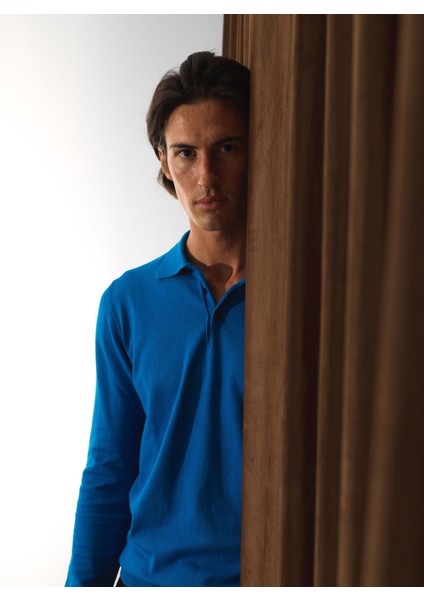 Erkek Mavi Pamuk Dokulu Regular Fit Kazak