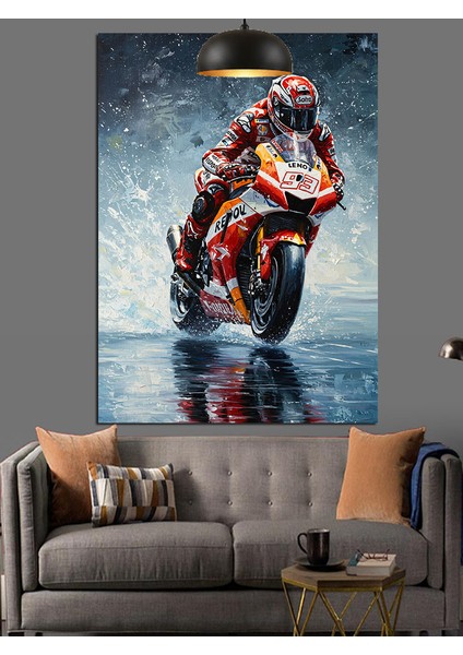 Yağmurda Motogp Temalı Dekoratif Kanvas - Mdf Ahşap Tablo fiyatları