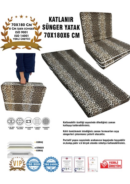 Katlanır Yer Yatağı ve Tek Kişilik Sünger Katlanır Minder Yatak 70X180X6 Cm-Leopar