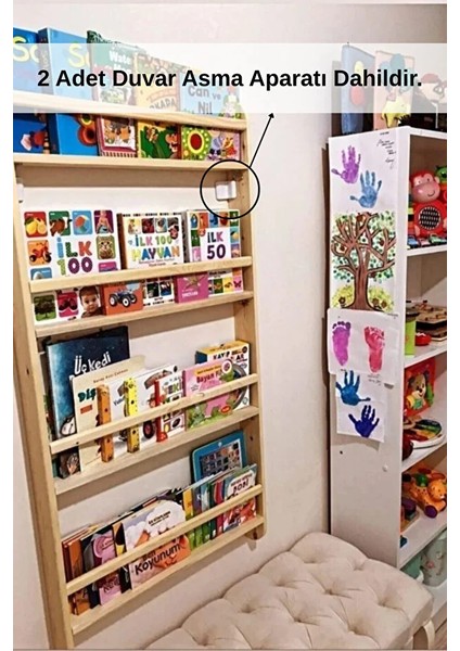 Ahşap Montessori Kitaplık Rafı 4 Bölmeli 120X60X9 cm Duvara Monte Eğitici Çocuk Odası Kitaplığı Beyaz fiyatları