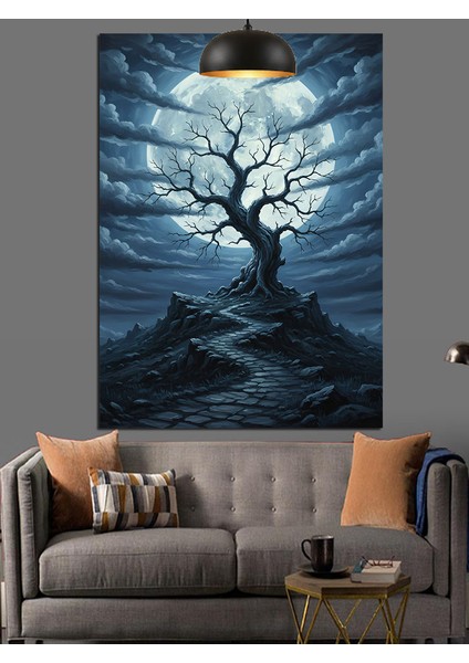 Fırtınalı Gece Tek Başına Duran Ağaç Dekoratif Kanvas - Mdf Ahşap Tablo