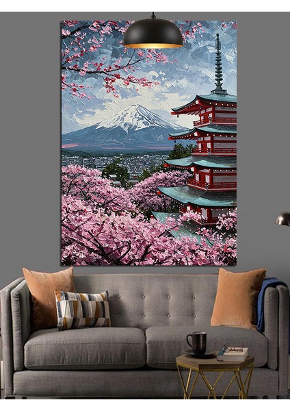 Fuji Dağı ve Tapınak Manzaralı Japon Sanatı Dekoratif Kanvas - Mdf Ahşap Tablo
