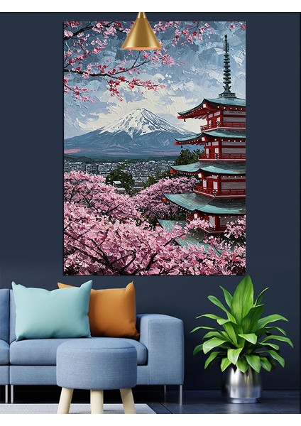 Fuji Dağı ve Tapınak Manzaralı Japon Sanatı Dekoratif Kanvas - Mdf Ahşap Tablo fiyatları