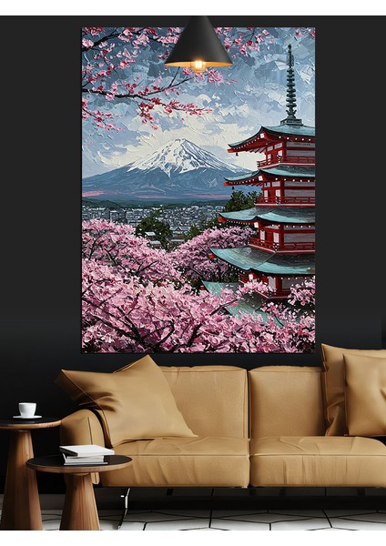 Fuji Dağı ve Tapınak Manzaralı Japon Sanatı Dekoratif Kanvas - Mdf Ahşap Tablo modelleri