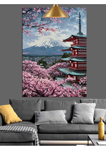 Fuji Dağı ve Tapınak Manzaralı Japon Sanatı Dekoratif Kanvas - Mdf Ahşap Tablo fırsatları