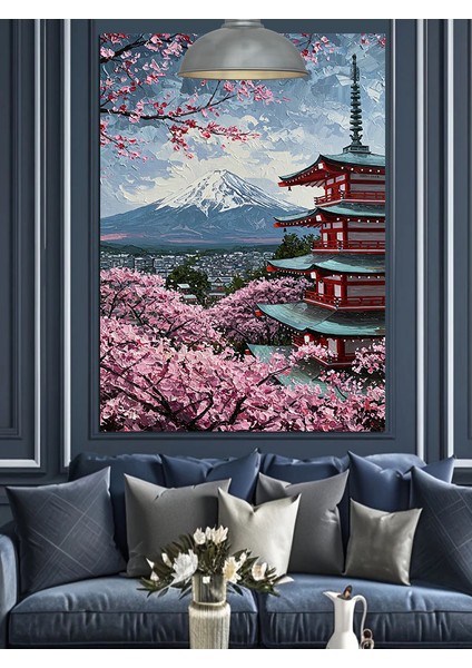 Fuji Dağı ve Tapınak Manzaralı Japon Sanatı Dekoratif Kanvas - Mdf Ahşap Tablo indirimleri