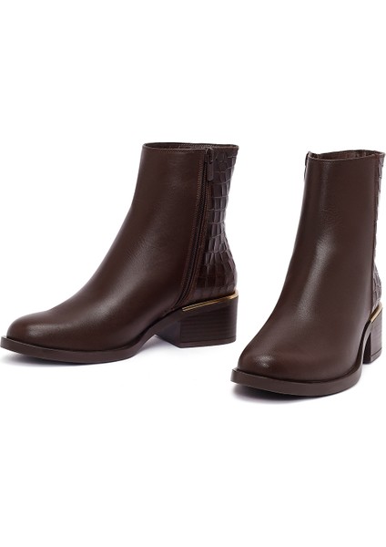 Kadın Kahverengi Fermuarlı Kısa Kalın Topuklu Deri Bot 25WFD360714 modelleri
